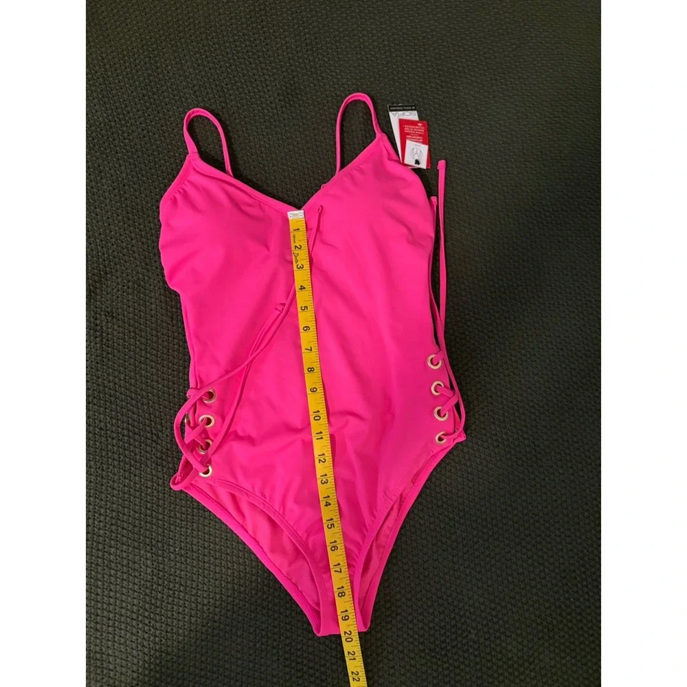 Sofia Vergara Swimsuit Women Pink Lace Up Side One Piece Neon Gold Grommet S 4-6